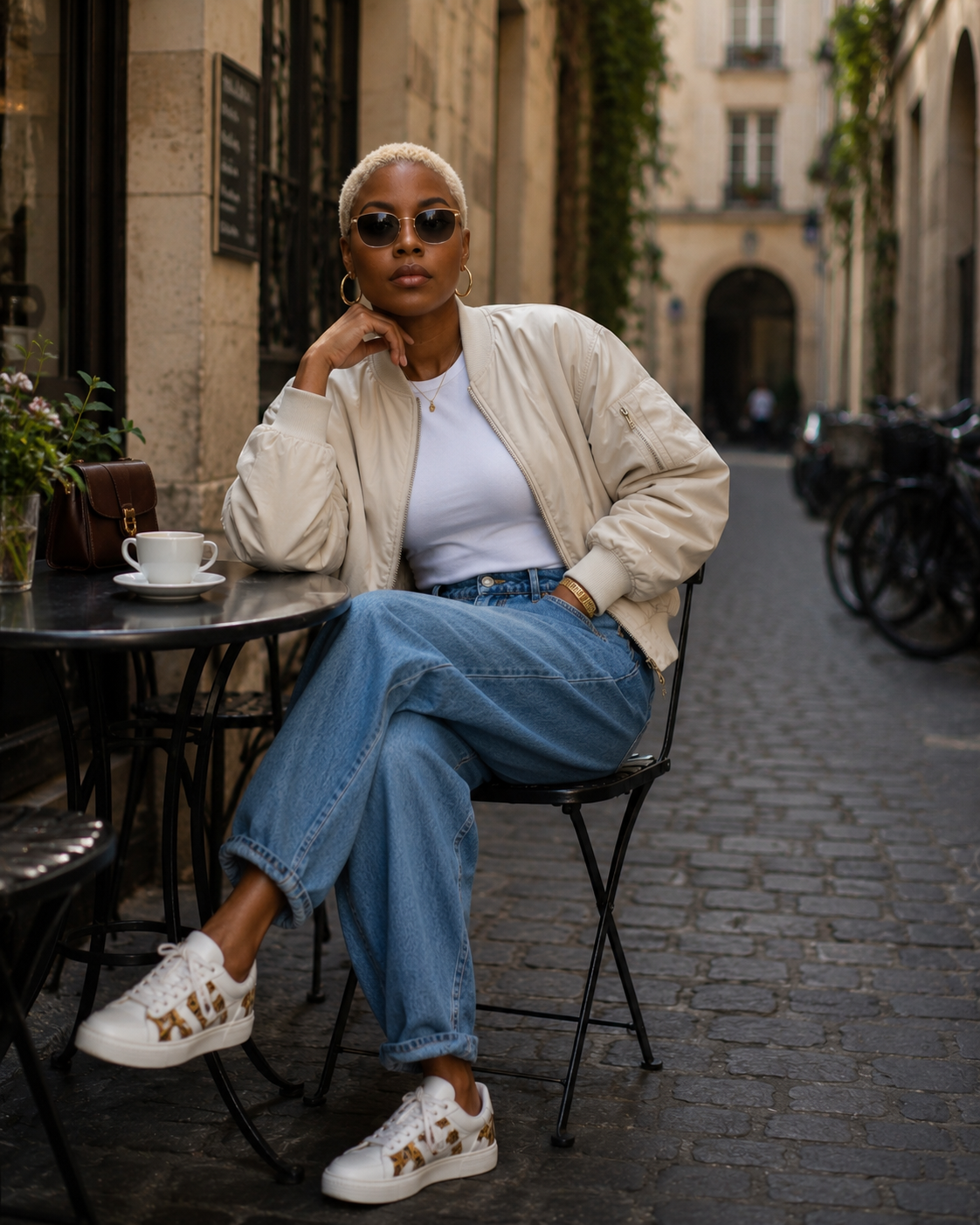 Woman seated confidently at a Paris café