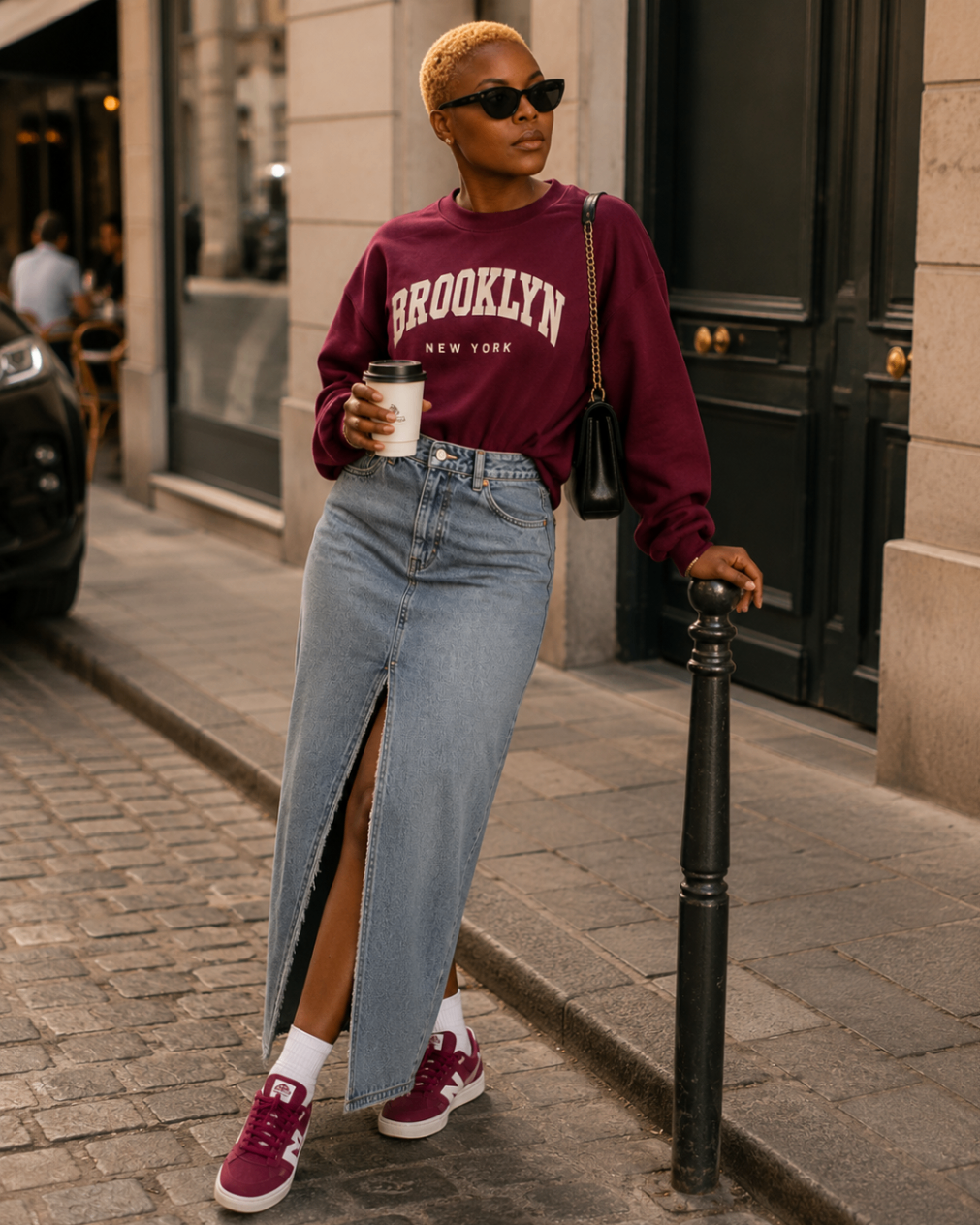Woman in burgundy sweater and denim skirt walking with confidence